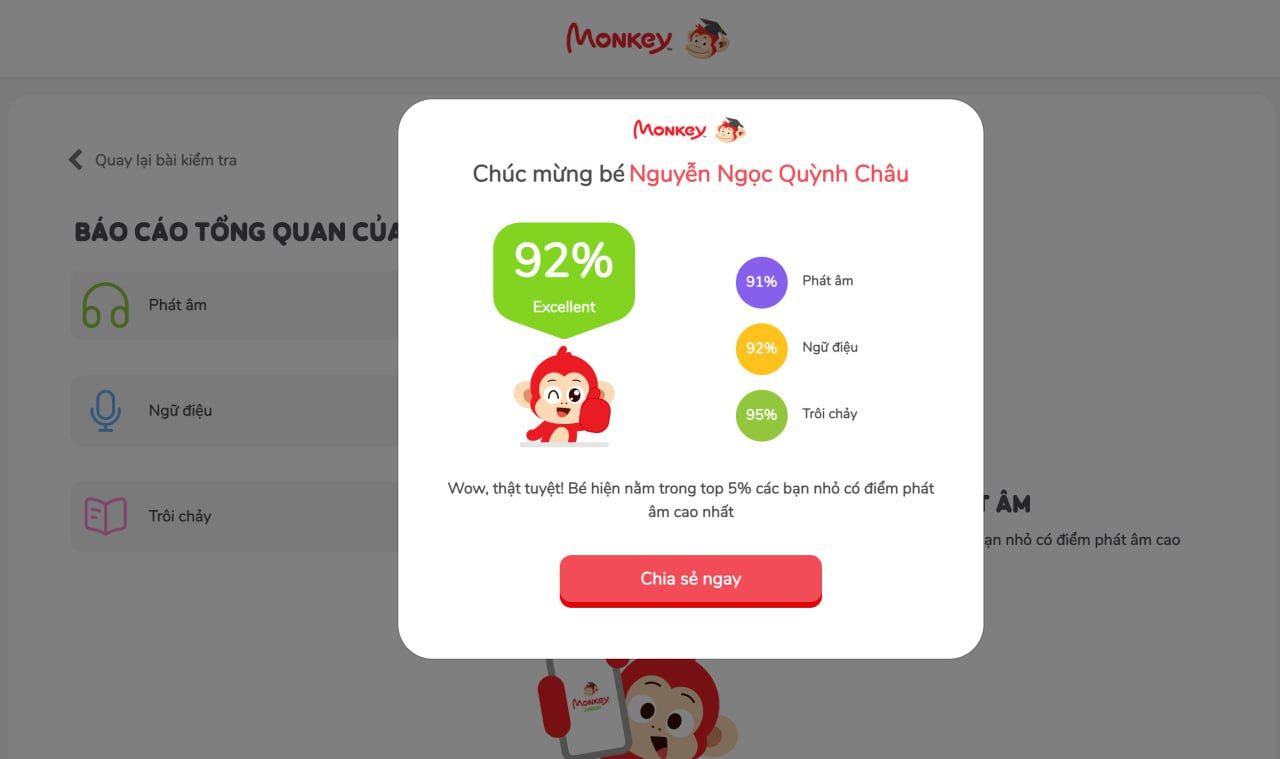 Kết quả sau khi sử dụng công cụ test phát âm