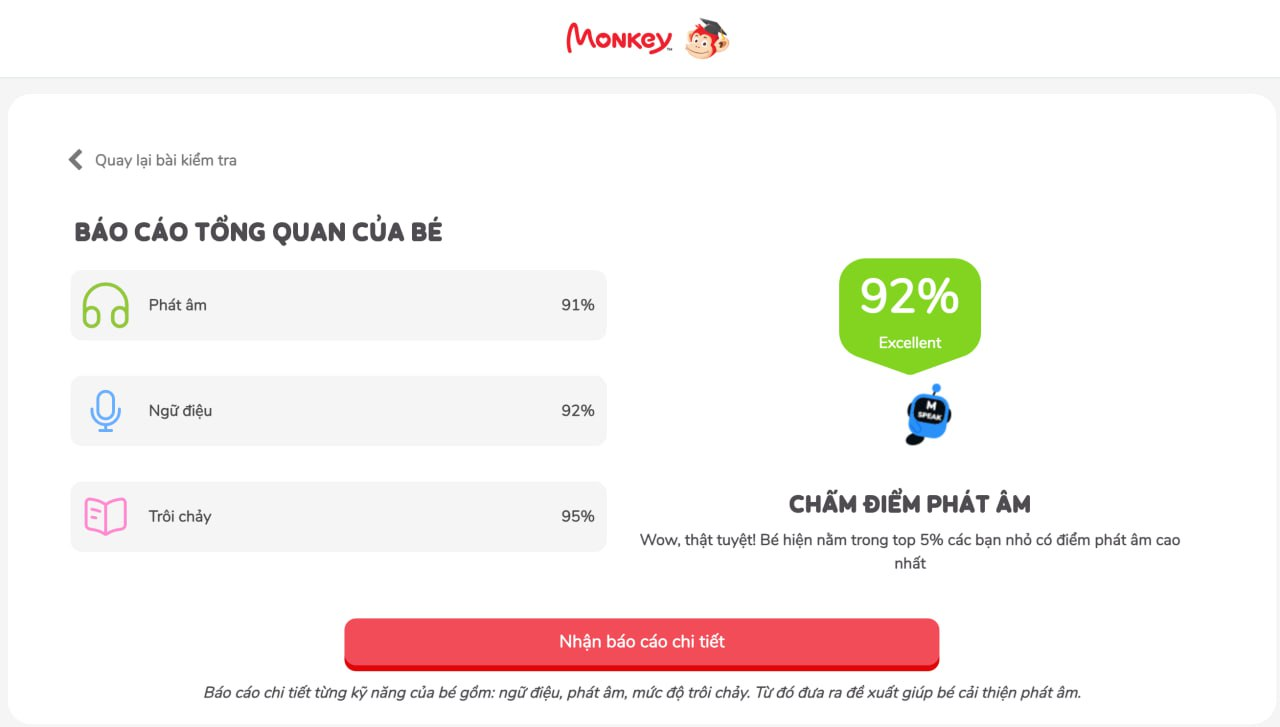 Kết quả báo cáo của bé chi tiết